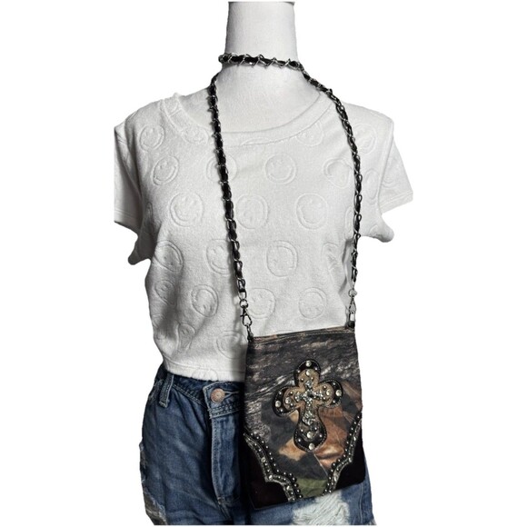 Rhinestone Camo Studded Cross Purse Chain Strap Rustic Coutures Cowgirl - Picture 3 of 14